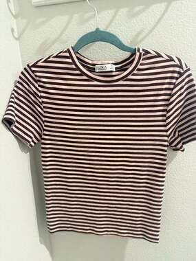 Blenca Pink & Brown Striped Crew Neck Baby Tee